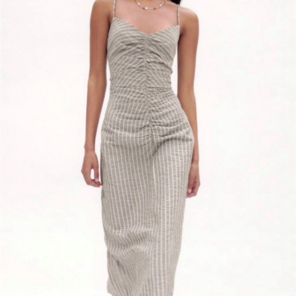 Zara Dresses & Skirts - Zara sage taupe stripe midi maxi ruched sundress Medium